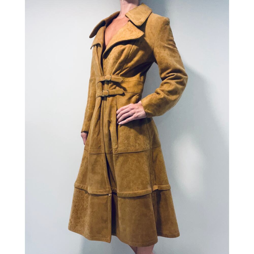 1970s RARE Vintage Leather Patchwork Trench Coat Removable Bottom Small JL - Picture 2 of 16